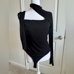 Fashion Nova Black Asymmetrical Rib Knit Long Sleeve Bodysuit Size XL